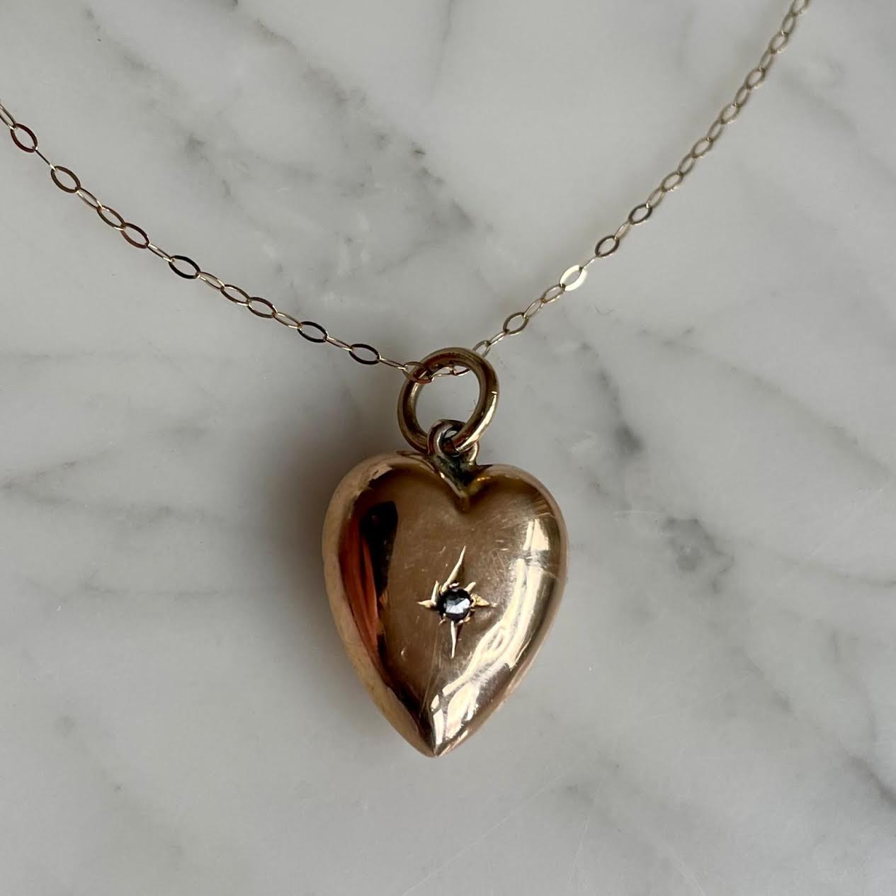Victorian 9ct Gold Puffy Heart Pendant Necklace Featuring An Old-Cut Diamond