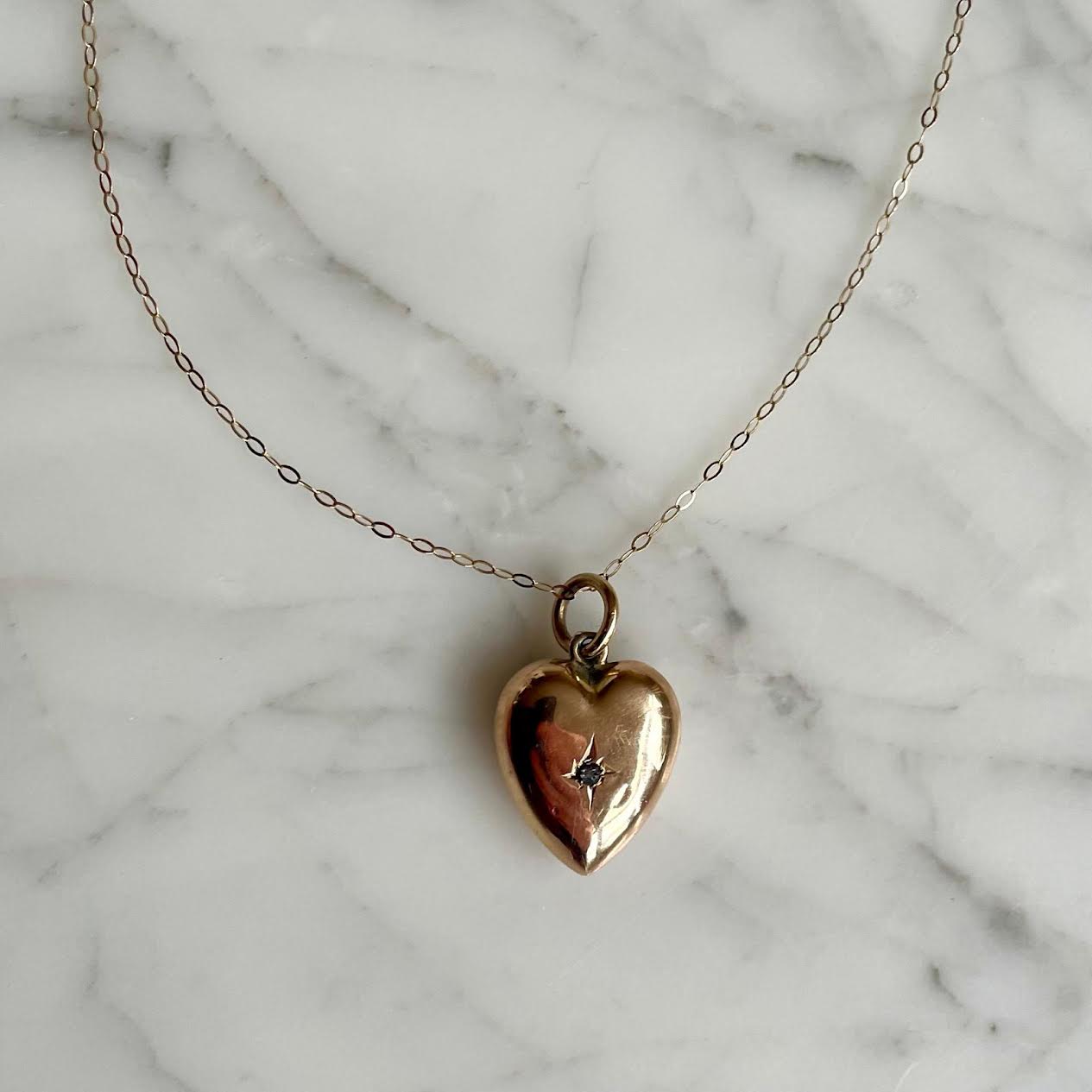 Victorian 9ct Gold Puffy Heart Pendant Necklace Featuring An Old-Cut Diamond