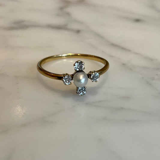 Wonderful 4 Diamond and Seed Pearl Ring size M UK /