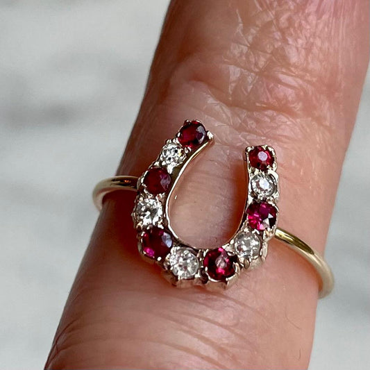 Victorian 18k Gold and Ruby Lucky Horseshoe Stacking Ring size UK K 1/2 : US 5.5