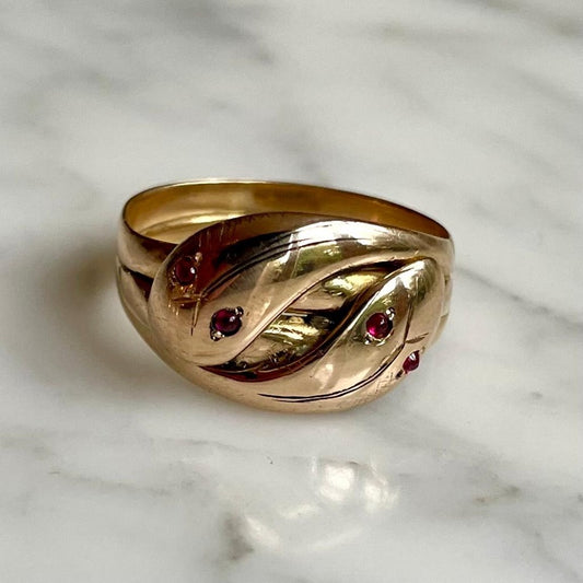 Antique Victorian 18ct Gold Double Snake Ring with Ruby Eyes 7.7g size UK U1/2 - US 10.25