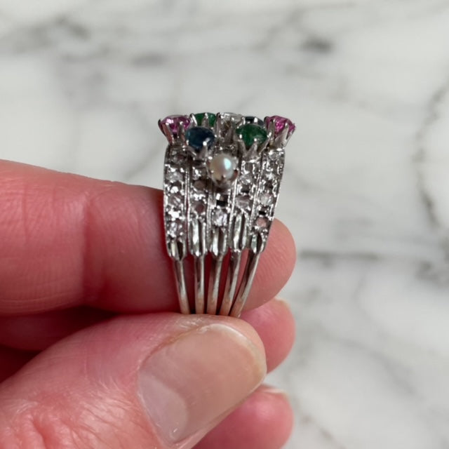 Antique 18ct White Gold Five Piece Stacking Ring Featuring Old-Cut Diamonds, Rubies, Emeralds, Sapphires and Pearls