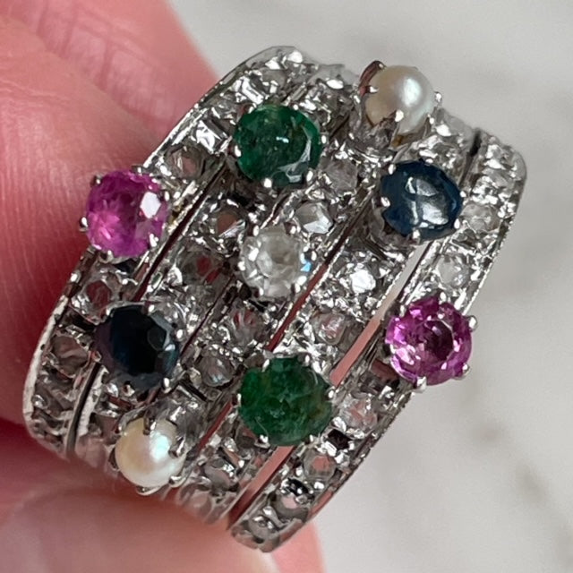 Antique 18ct White Gold Five Piece Stacking Ring Featuring Old-Cut Diamonds, Rubies, Emeralds, Sapphires and Pearls