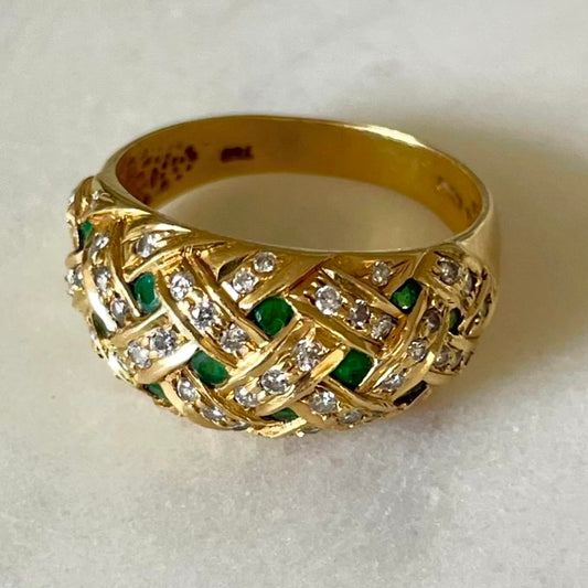 18ct French Gold Diamond and Emerald Bombé Ring