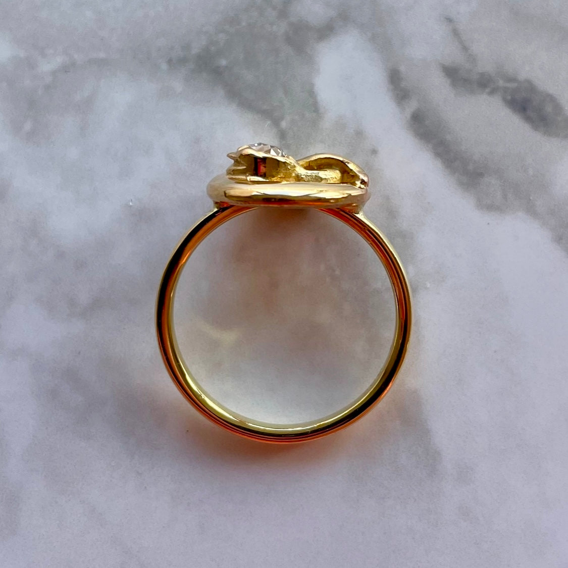 Victorian 18k Gold Ouroboros Snake Ring Featuring a Stunning Old Cushion Cut Diamond Antique