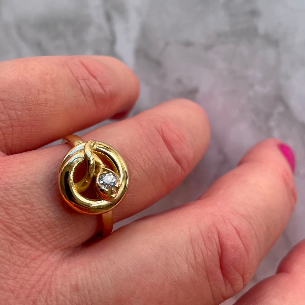 Victorian 18k Gold Ouroboros Snake Ring Featuring a Stunning Old Cushion Cut Diamond Antique