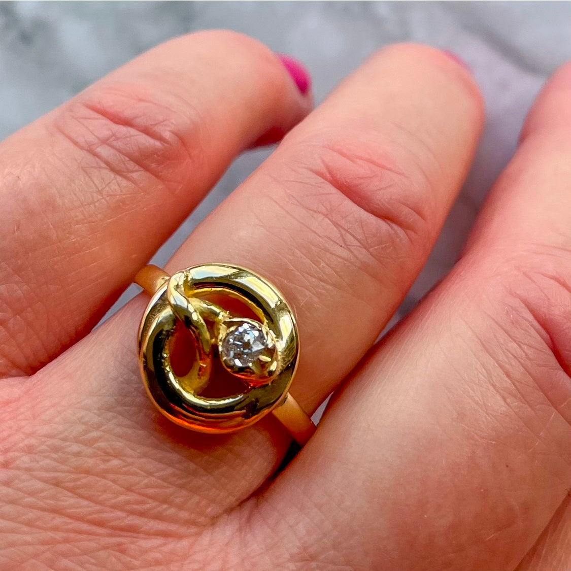 Victorian 18k Gold Ouroboros Snake Ring Featuring a Stunning Old Cushion Cut Diamond Antique