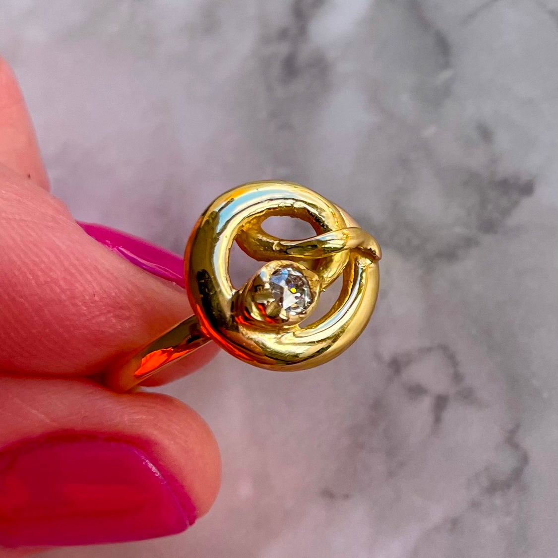 Victorian 18k Gold Ouroboros Snake Ring Featuring a Stunning Old Cushion Cut Diamond Antique