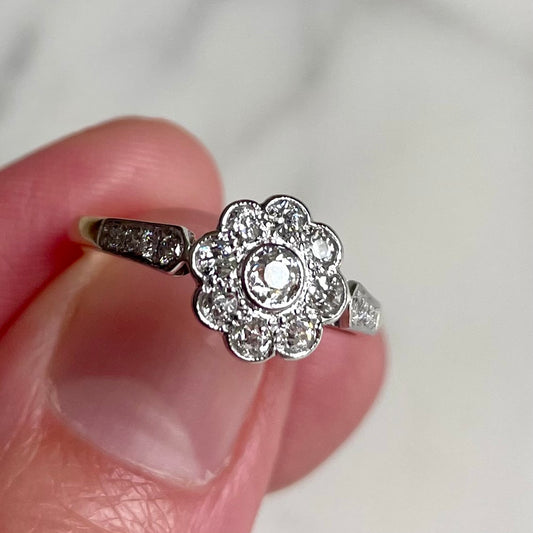 Art Deco 18k Gold, Platinum and Old European Cut Diamond Antique Flower Ring