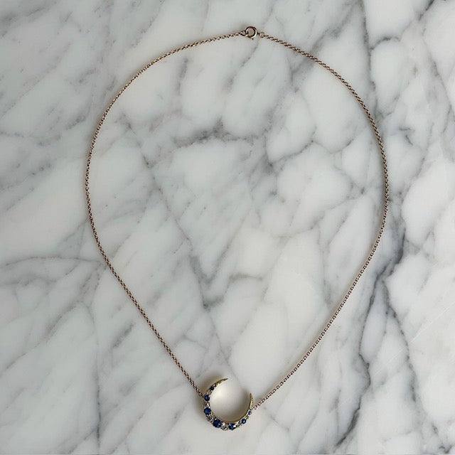 Victorian Diamond & Sapphire Crescent Moon Necklace on Edwardian 15k Gold Chain