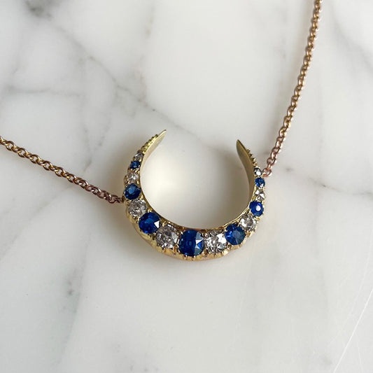 Victorian Diamond & Sapphire Crescent Moon Necklace on Edwardian 15k Gold Chain