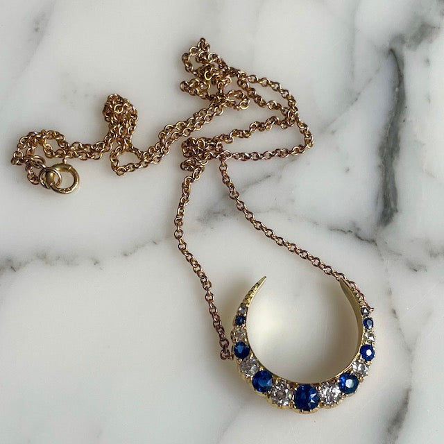 Victorian Diamond & Sapphire Crescent Moon Necklace on Edwardian 15k Gold Chain