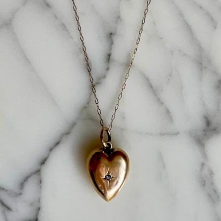 Victorian 9ct Gold Puffy Heart Pendant Necklace Featuring An Old-Cut Diamond