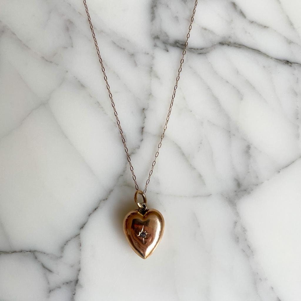 Victorian 9ct Gold Puffy Heart Pendant Necklace Featuring An Old-Cut Diamond