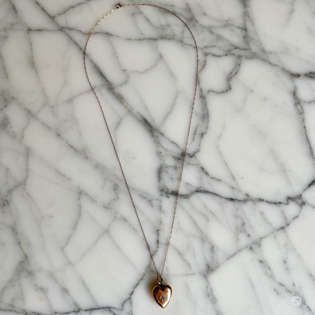 Victorian 9ct Gold Puffy Heart Pendant Necklace Featuring An Old-Cut Diamond