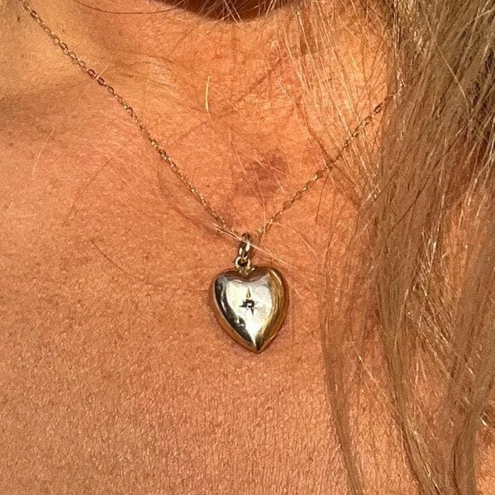 Victorian 9ct Gold Puffy Heart Pendant Necklace Featuring An Old-Cut Diamond