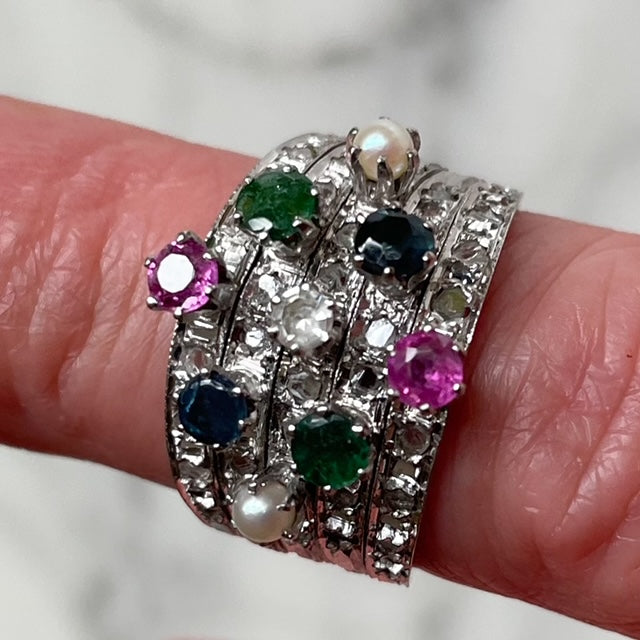 Antique 18ct White Gold Five Piece Stacking Ring Featuring Old-Cut Diamonds, Rubies, Emeralds, Sapphires and Pearls