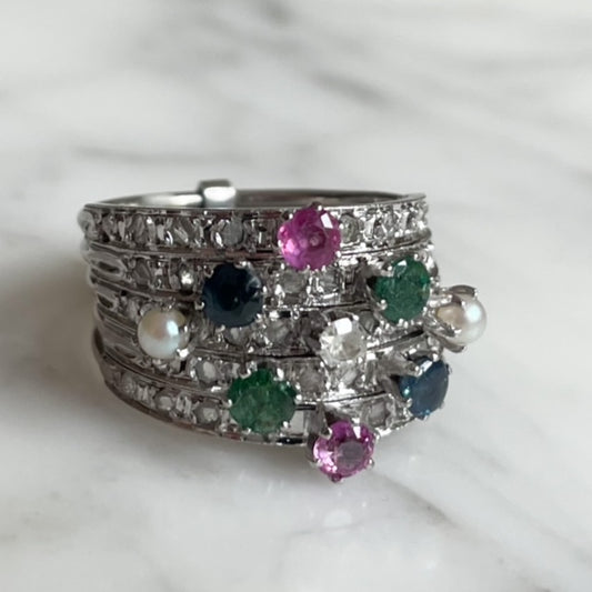 Antique 18ct White Gold Five Piece Stacking Ring Featuring Old-Cut Diamonds, Rubies, Emeralds, Sapphires and Pearls