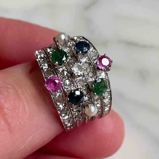 Antique 18ct White Gold Five Piece Stacking Ring Featuring Old-Cut Diamonds, Rubies, Emeralds, Sapphires and Pearls