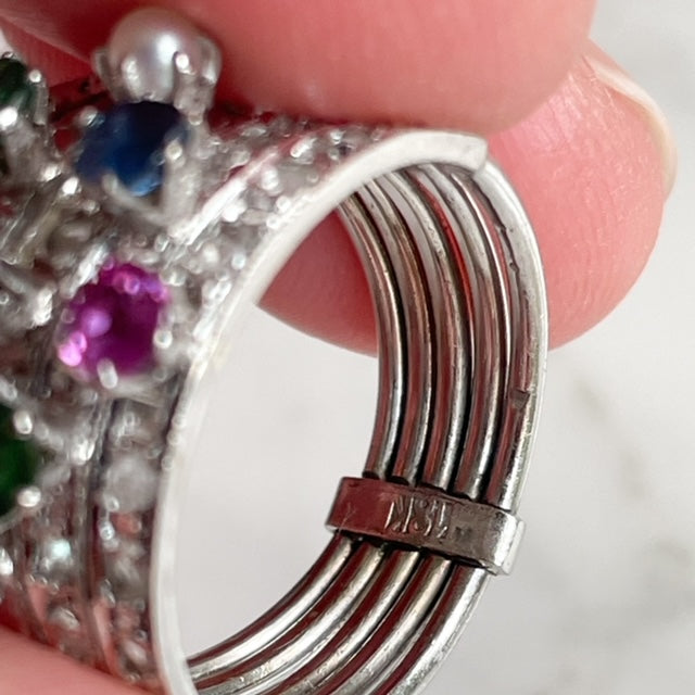 Antique 18ct White Gold Five Piece Stacking Ring Featuring Old-Cut Diamonds, Rubies, Emeralds, Sapphires and Pearls