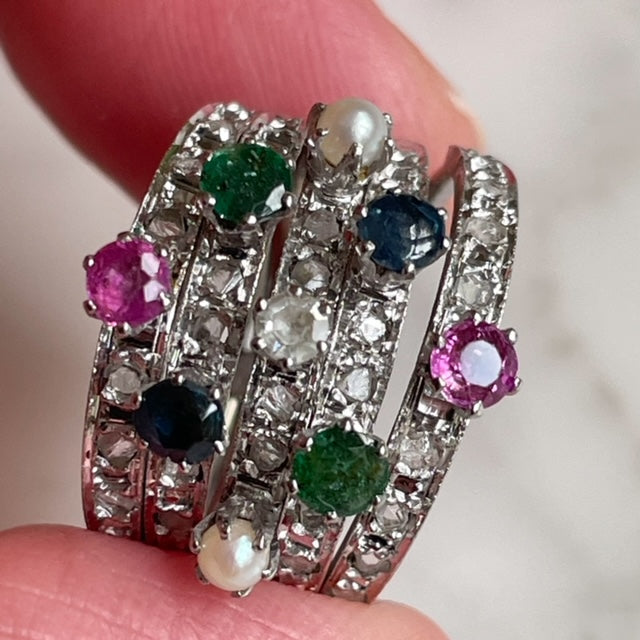 Antique 18ct White Gold Five Piece Stacking Ring Featuring Old-Cut Diamonds, Rubies, Emeralds, Sapphires and Pearls