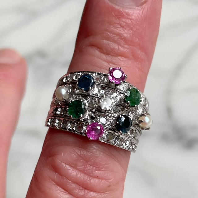 Antique 18ct White Gold Five Piece Stacking Ring Featuring Old-Cut Diamonds, Rubies, Emeralds, Sapphires and Pearls