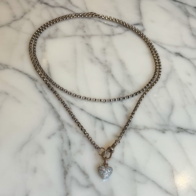 9k Gold Antique Belcher Watch Chain Necklace With an 18k White Gold and Diamond Pavé Heart Charm