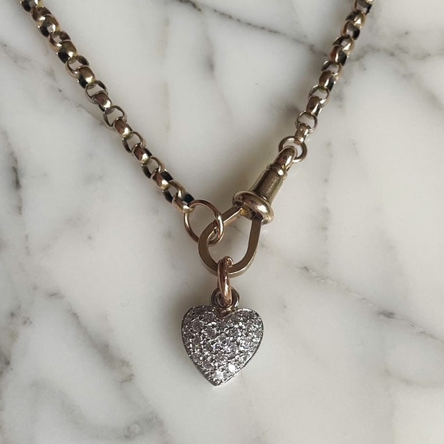 9k Gold Antique Belcher Watch Chain Necklace With an 18k White Gold and Diamond Pavé Heart Charm