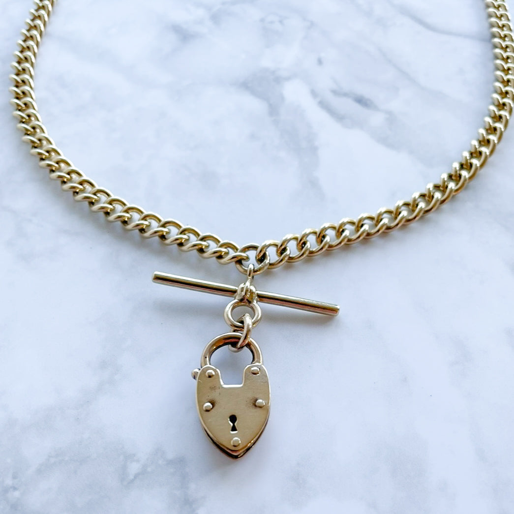 9k Gold Antique T-Bar & Padlock Albert Chain Necklace