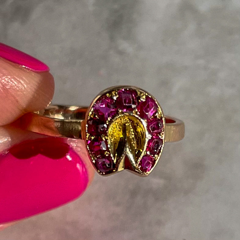 Victorian Ruby, 15k & 9k Gold Horseshoe Antique Ring