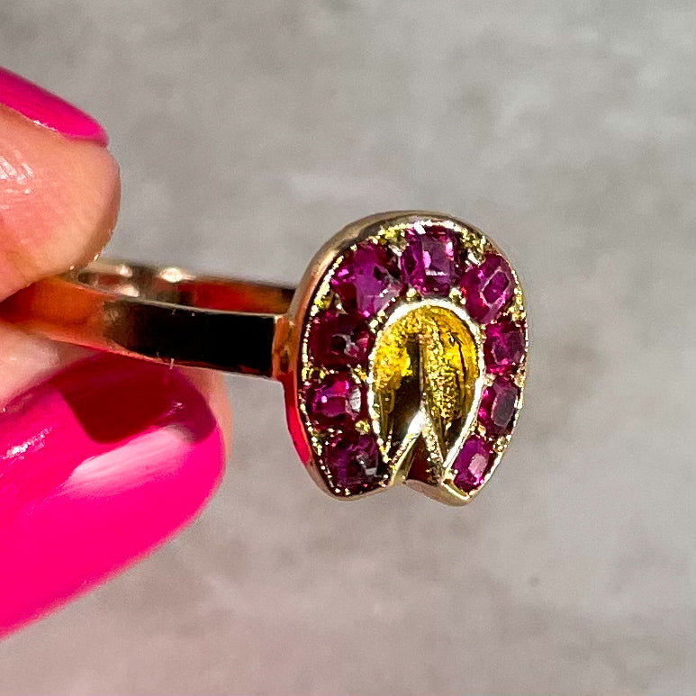 Victorian Ruby, 15k & 9k Gold Horseshoe Antique Ring