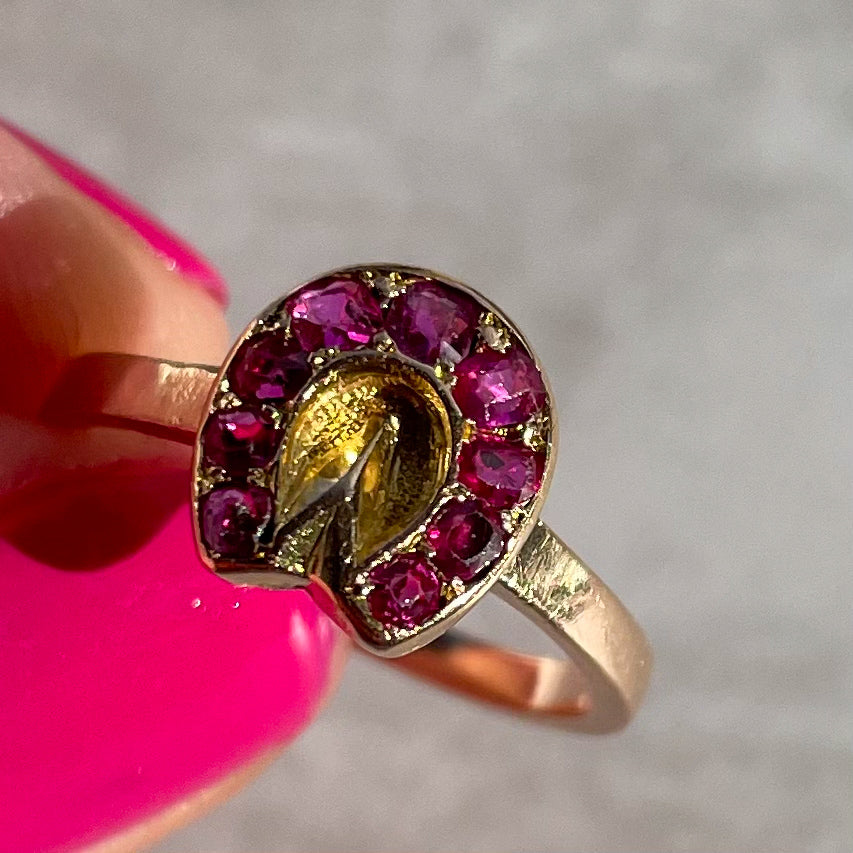 Victorian Ruby, 15k & 9k Gold Horseshoe Antique Ring