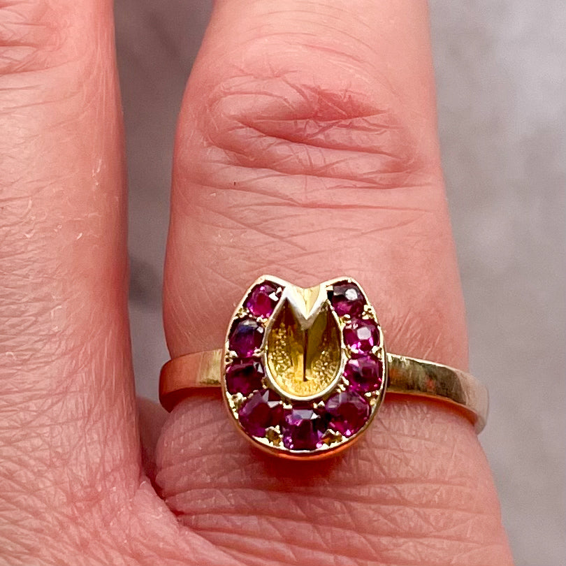 Victorian Ruby, 15k & 9k Gold Horseshoe Antique Ring