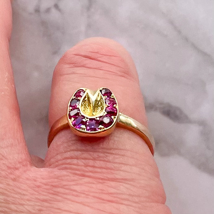 Victorian Ruby, 15k & 9k Gold Horseshoe Antique Ring