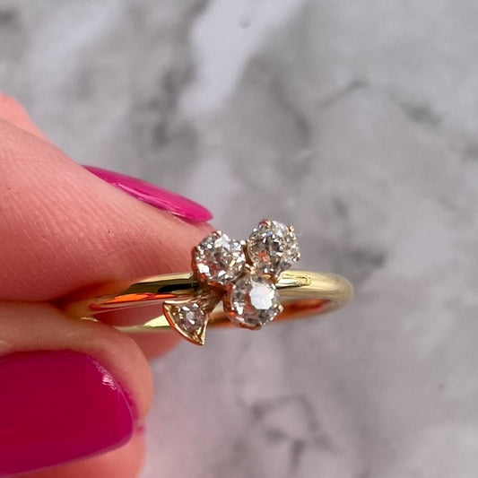 Victorian Old Cushion Cut Diamond 18k Gold Clover Antique Ring