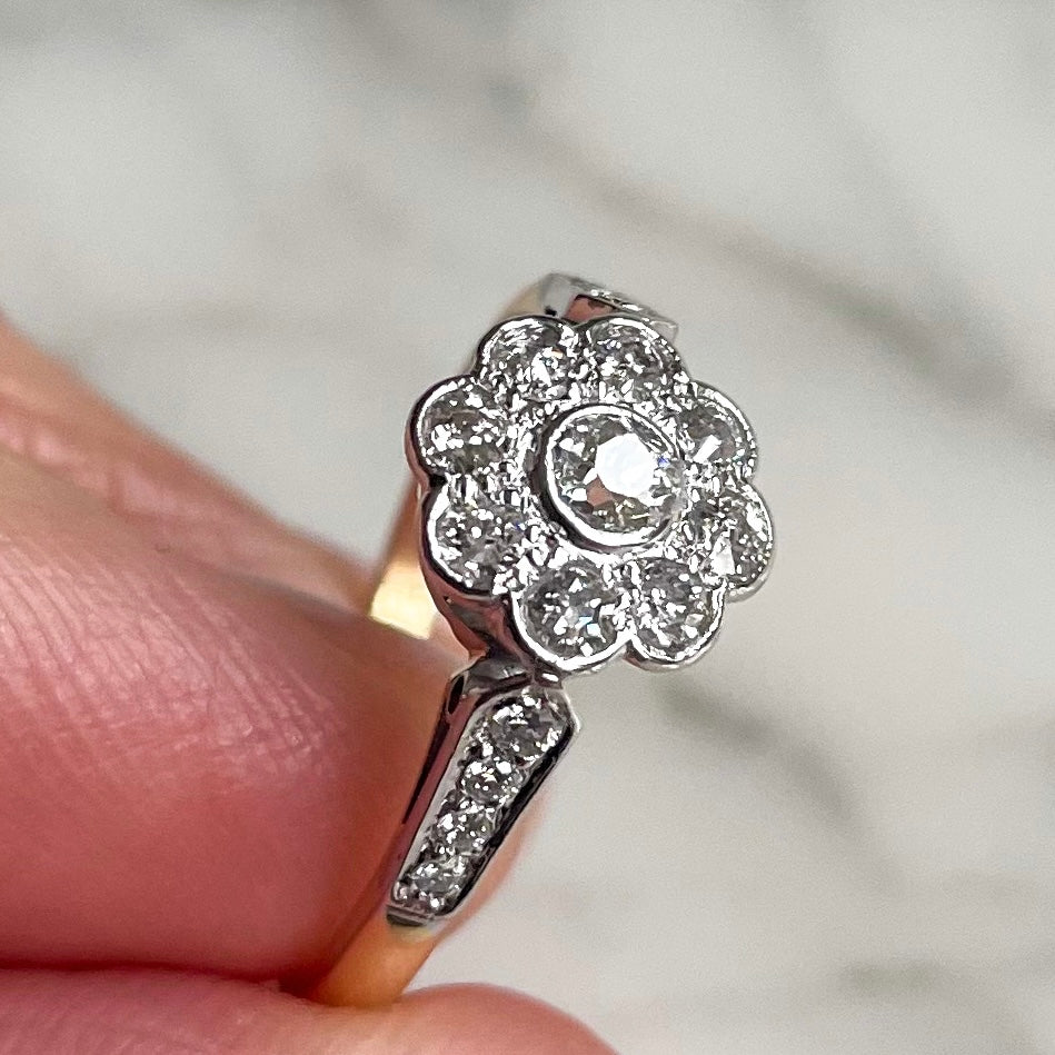 18k Gold and Platinum Art Deco Old European Cut Diamond Flower Ring Antique Engagement