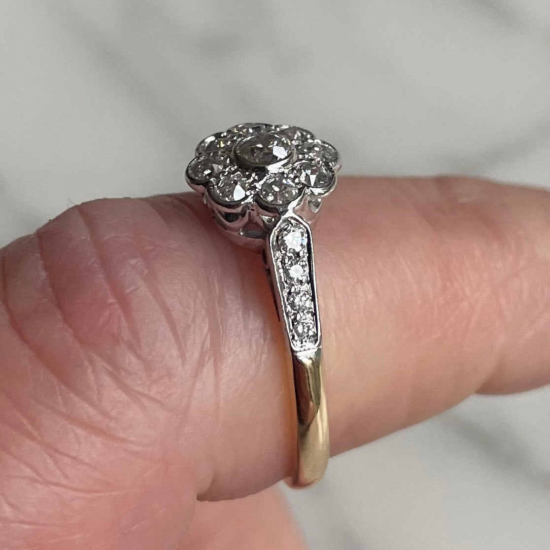 Art Deco 18k Gold, Platinum and Old European Cut Diamond Antique Flower Ring