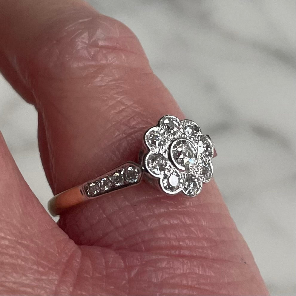 18k Gold and Platinum Art Deco Old European Cut Diamond Flower Ring Antique Engagement