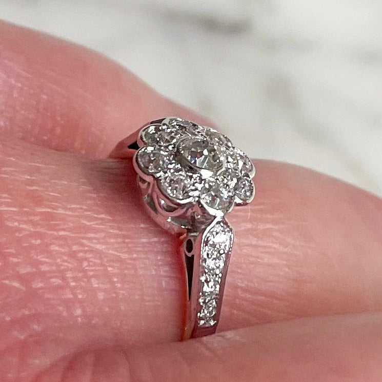 Art Deco 18k Gold, Platinum and Old European Cut Diamond Antique Flower Ring
