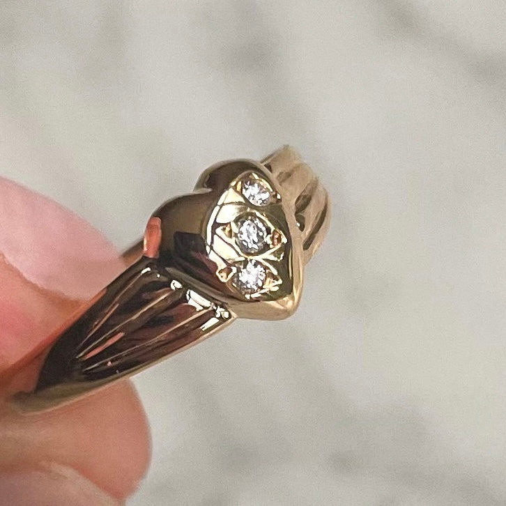 Antique 22k Gold Heart Ring Featuring Three Diamonds Valentine's Day Gift