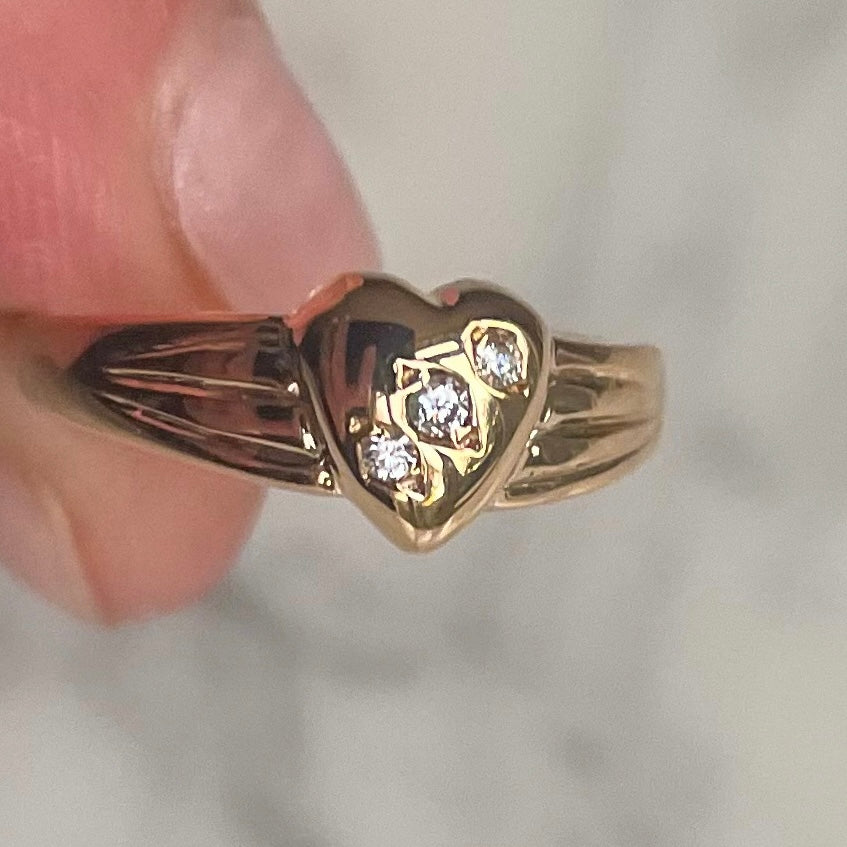 Antique 22k Gold Heart Ring Featuring Three Diamonds Valentine's Day Gift