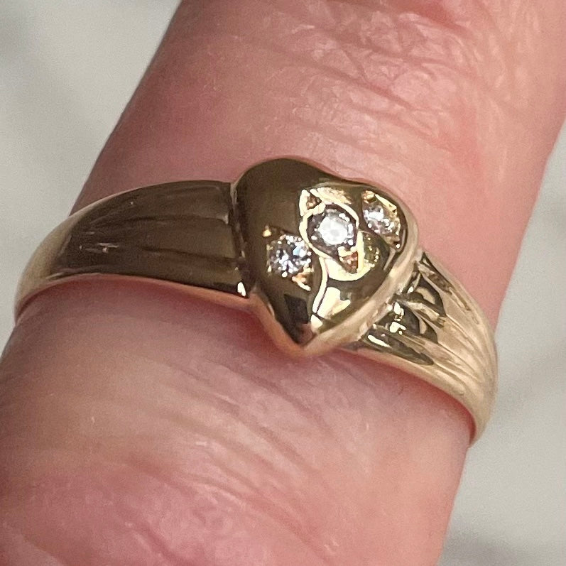 Antique 22k Gold Heart Ring Featuring Three Diamonds Valentine's Day Gift