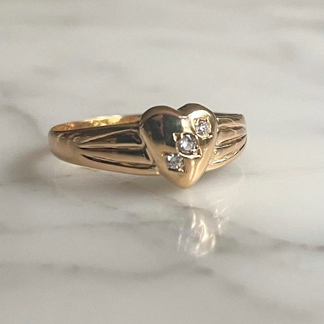 Antique 22k Gold Heart Ring Featuring Three Diamonds Valentine's Day Gift