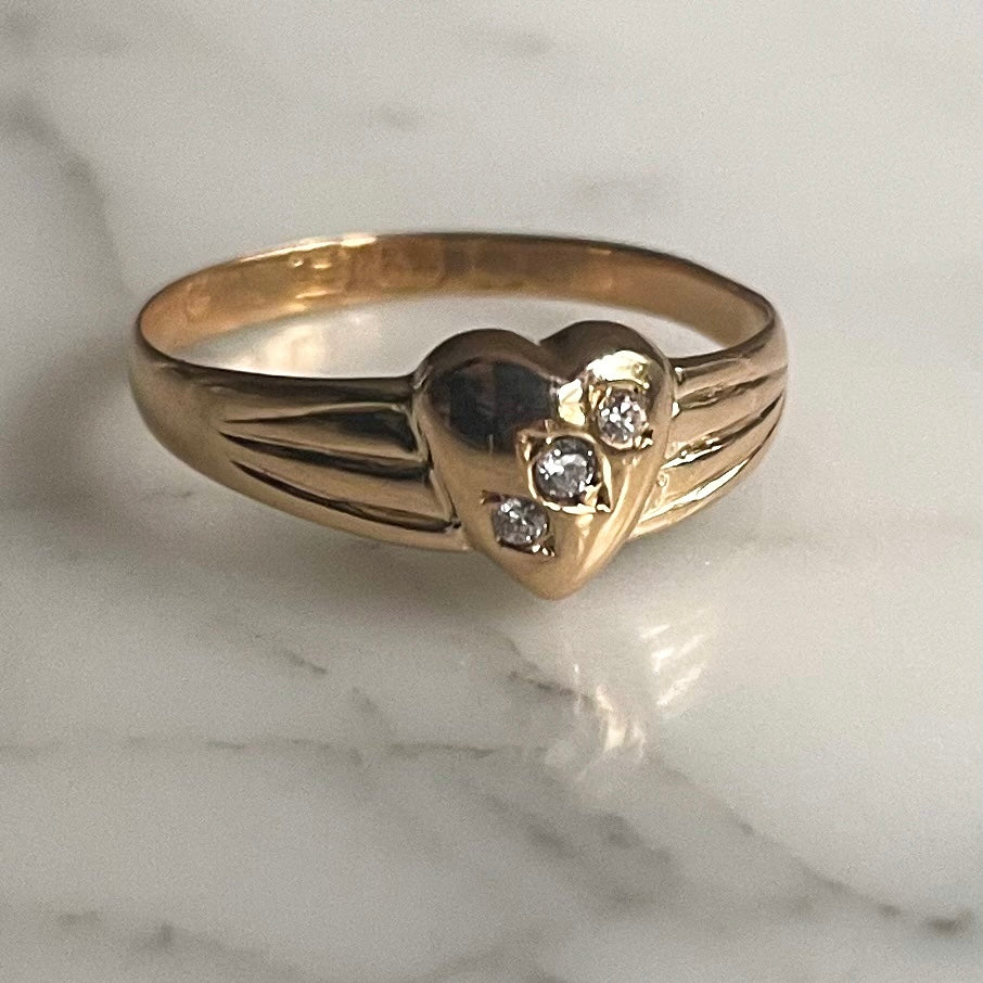 Antique 22k Gold Heart Ring Featuring Three Diamonds Valentine's Day Gift