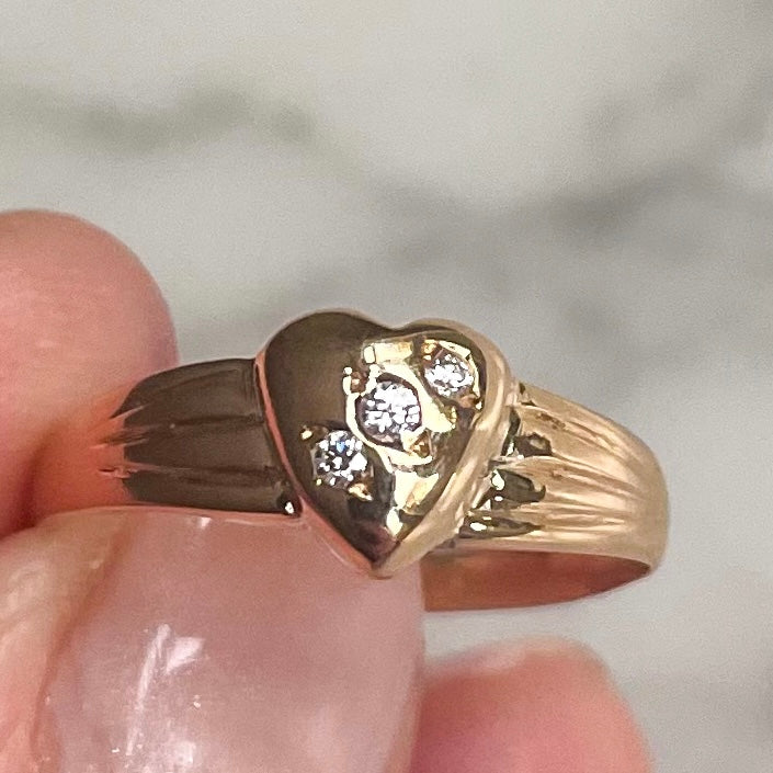 Antique 22k Gold Heart Ring Featuring Three Diamonds Valentine's Day Gift