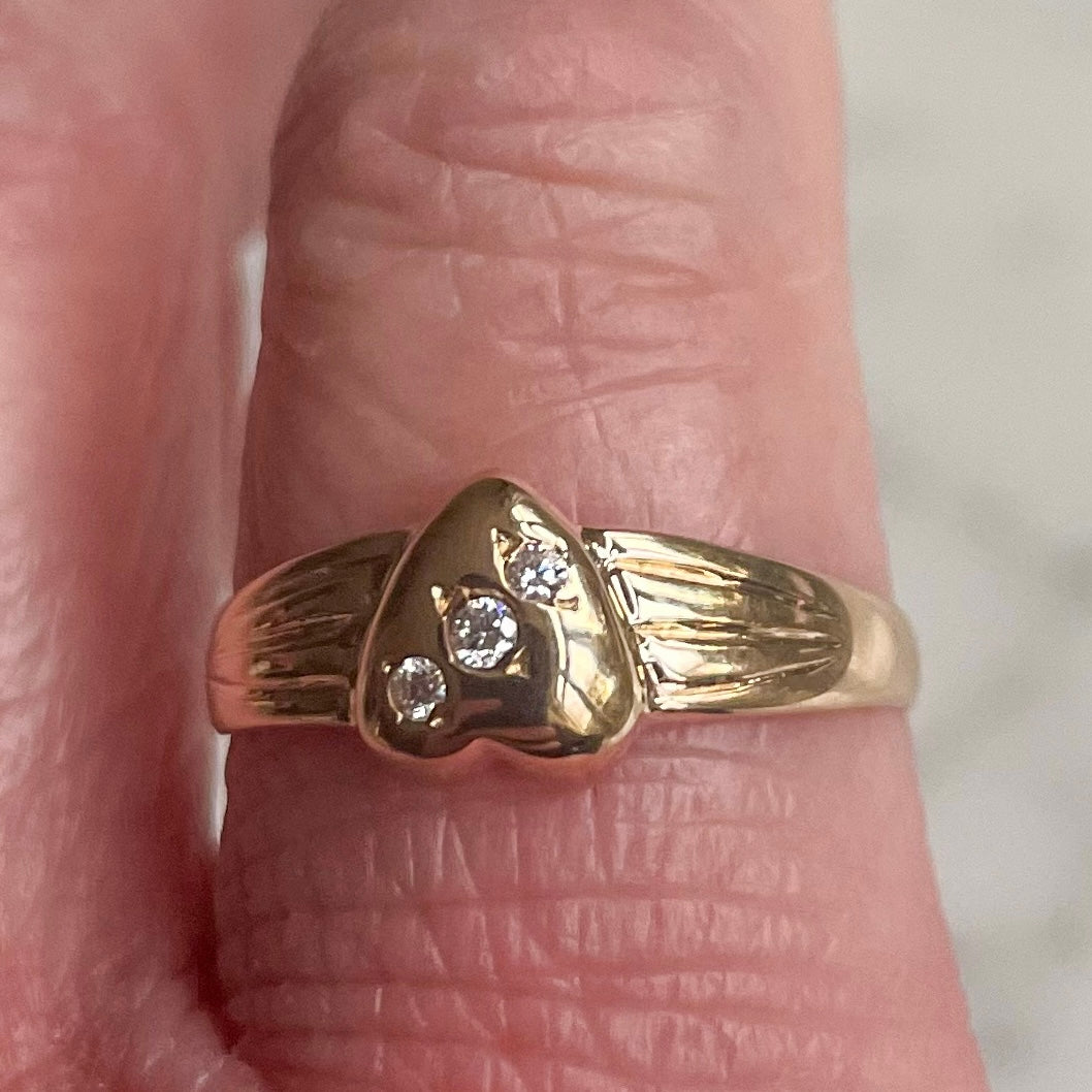 Antique 22k Gold Heart Ring Featuring Three Diamonds Valentine's Day Gift