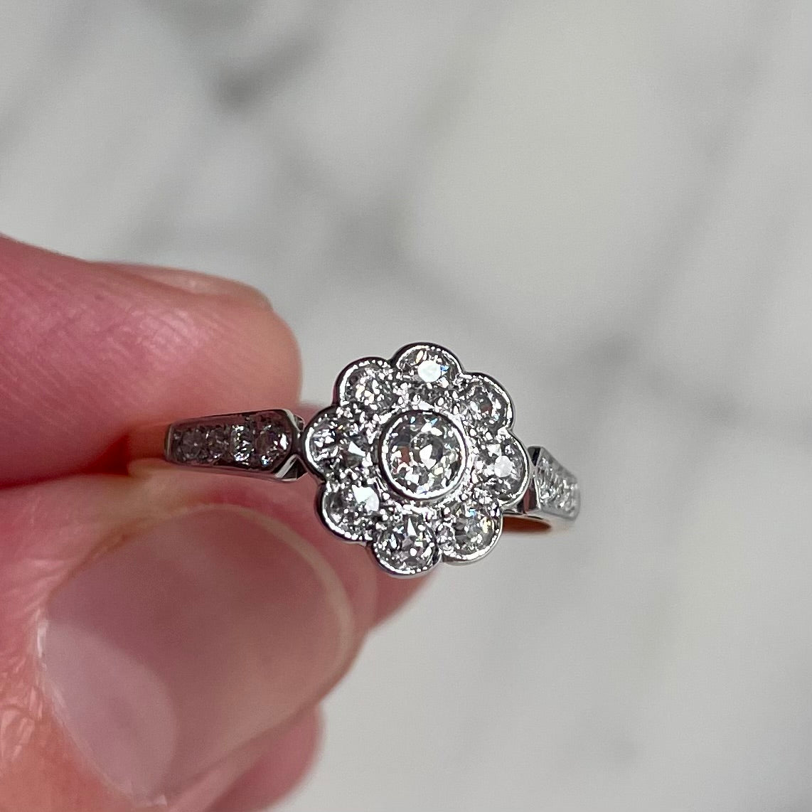 Art Deco 18k Gold, Platinum and Old European Cut Diamond Antique Flower Ring