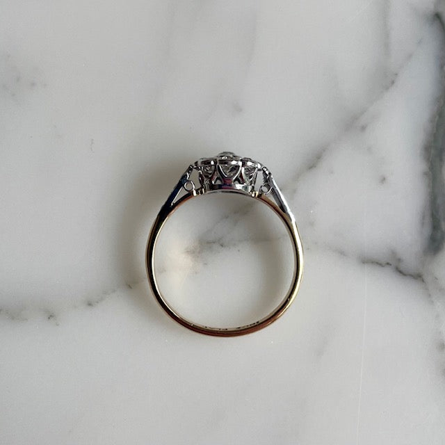 Art Deco 18k Gold, Platinum and Old European Cut Diamond Antique Flower Ring