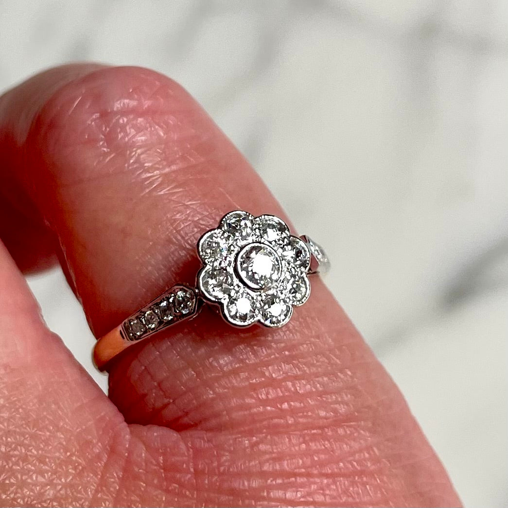 Art Deco 18k Gold, Platinum and Old European Cut Diamond Antique Flower Ring