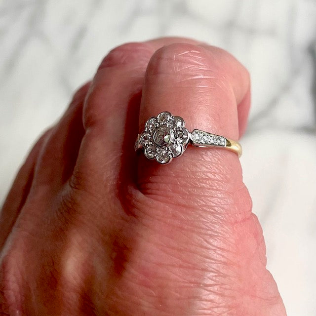 Art Deco 18k Gold, Platinum and Old European Cut Diamond Antique Flower Ring